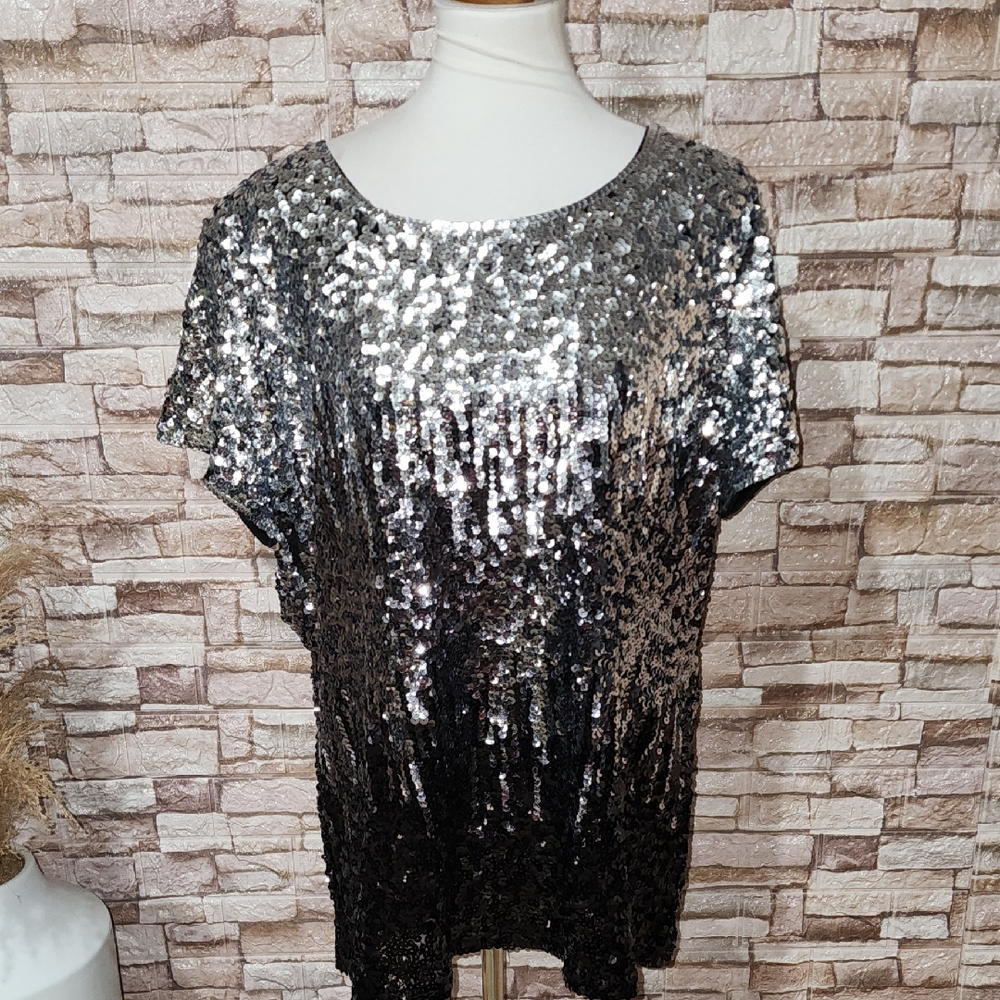 Sequin Short Sleeve Top - Silver and Black